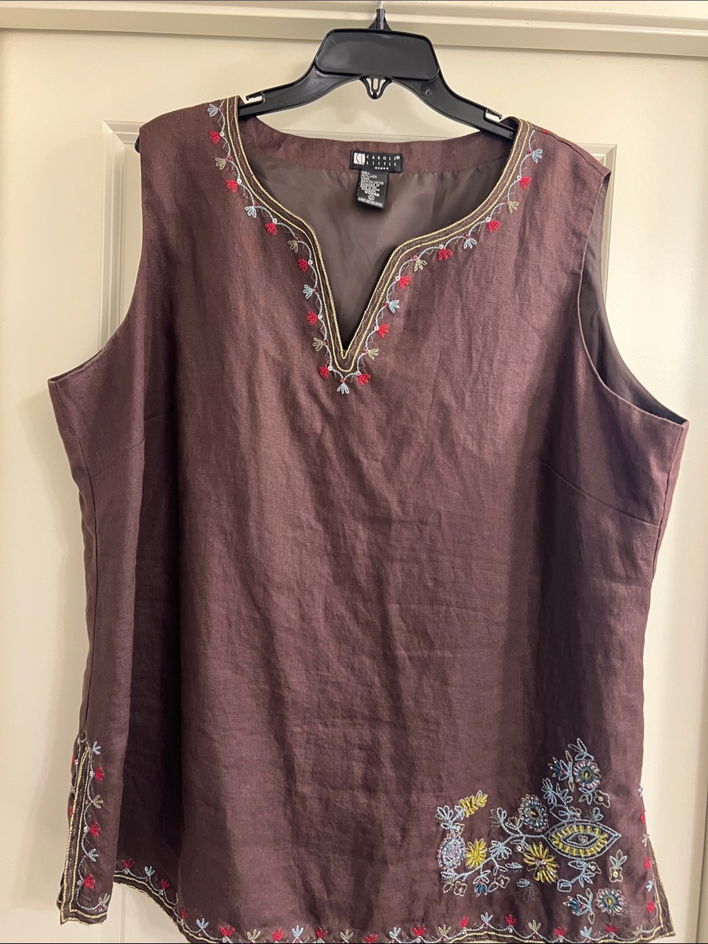 Carole Little Brown Sleeveless Linen-Blend Tunic with Floral Embroidery